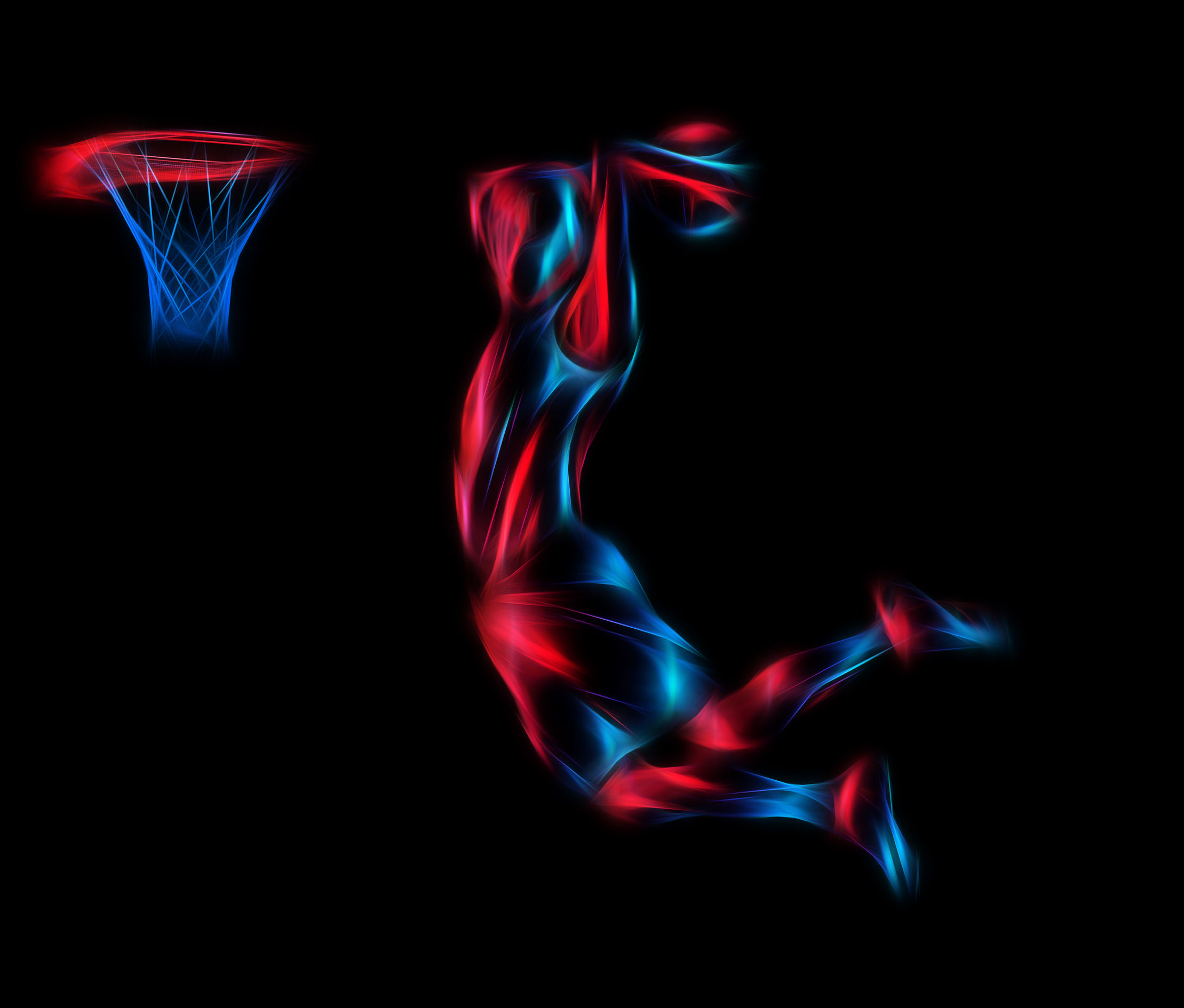 48709724 - basketball player slam dunk neon glow silhouette. creative illustration on black background
